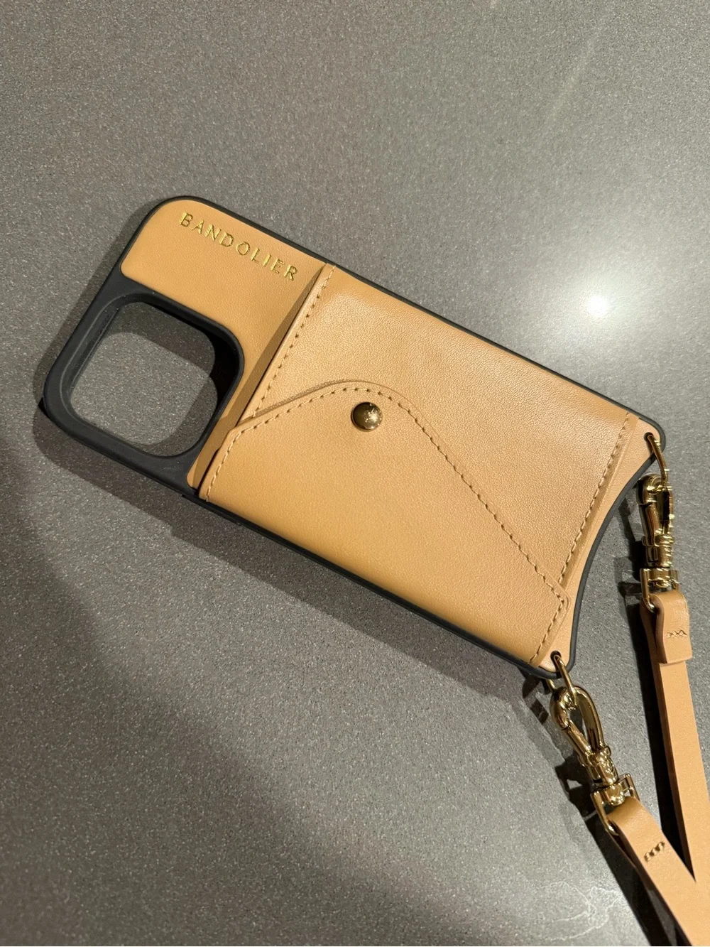 Bandolier Tan Leather Crossbody Phone Case with Gold Hardware
